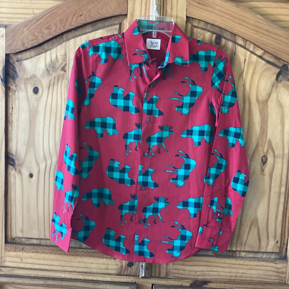 Boy North Pole red green moose long sleeve button down shirt size L (14/16)